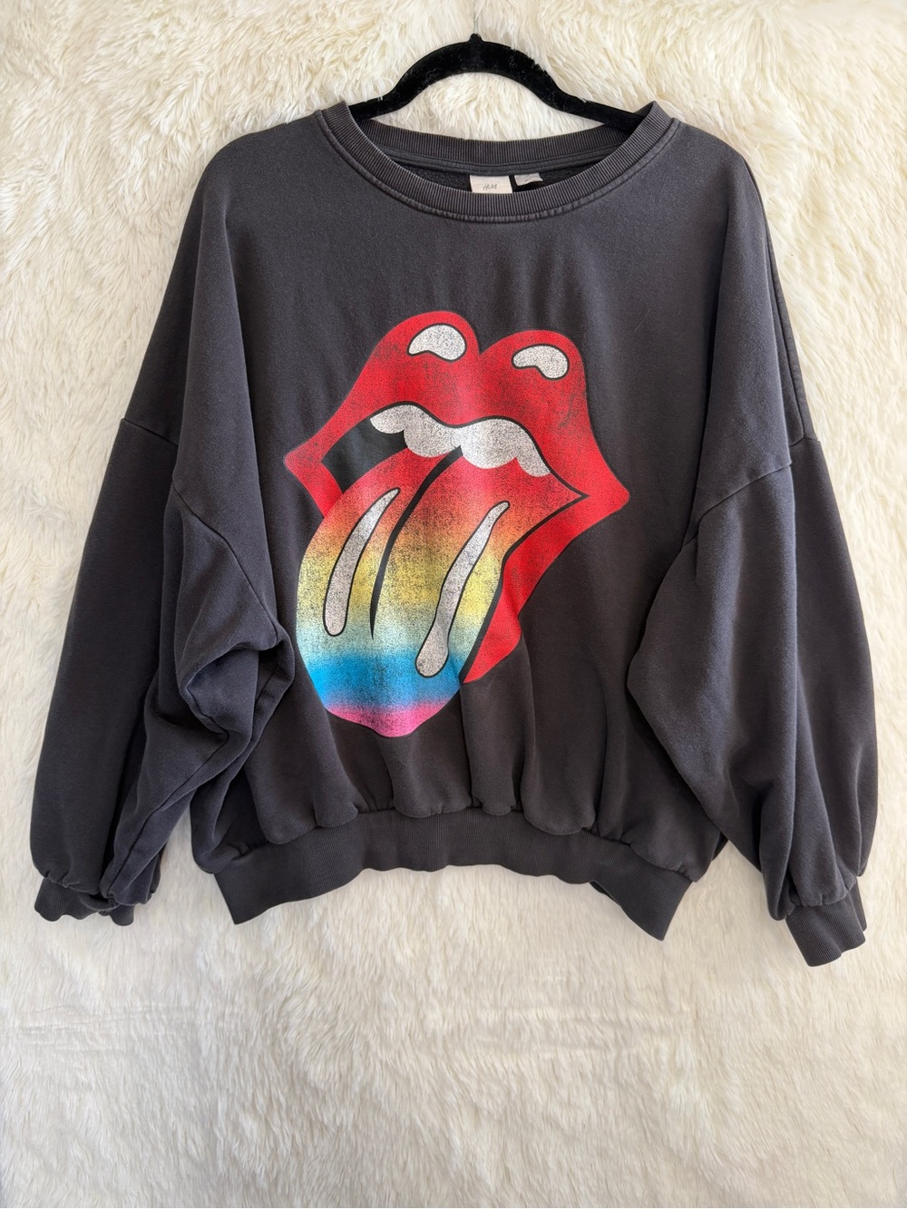 H&M The Rolling Stones Womens Oversized Sweatshirt Size L Grey Retro Grunge